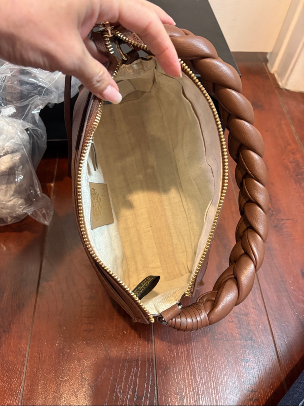 Vince Camuto Cognac Braided-Handle Leather Shoulder Bag - Picture 3 of 5